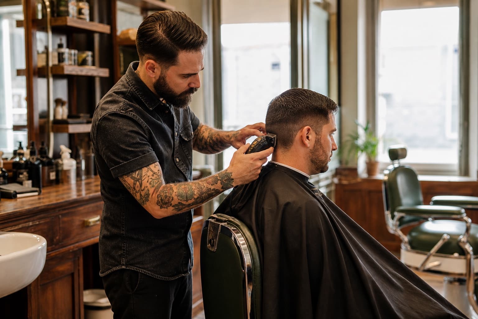 Barber giving a client a clipper haircut in a barbershop