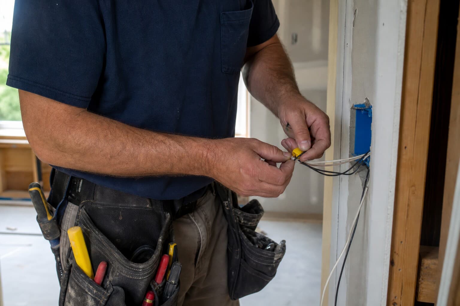 Licensed electrician wiring a residential outlet box